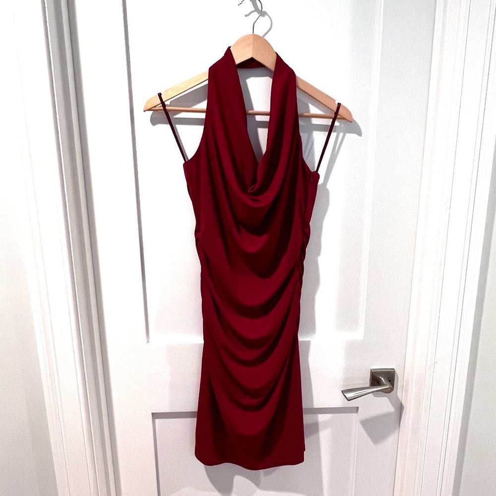 Burgundy, draped, halter Nicole Miller mini-dress